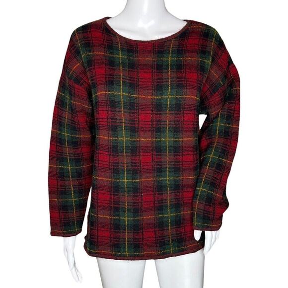Express Tricot Sweater Womens Small Red Green Plaid Wool Blend Cabincore Vintage - Picture 1 of 8